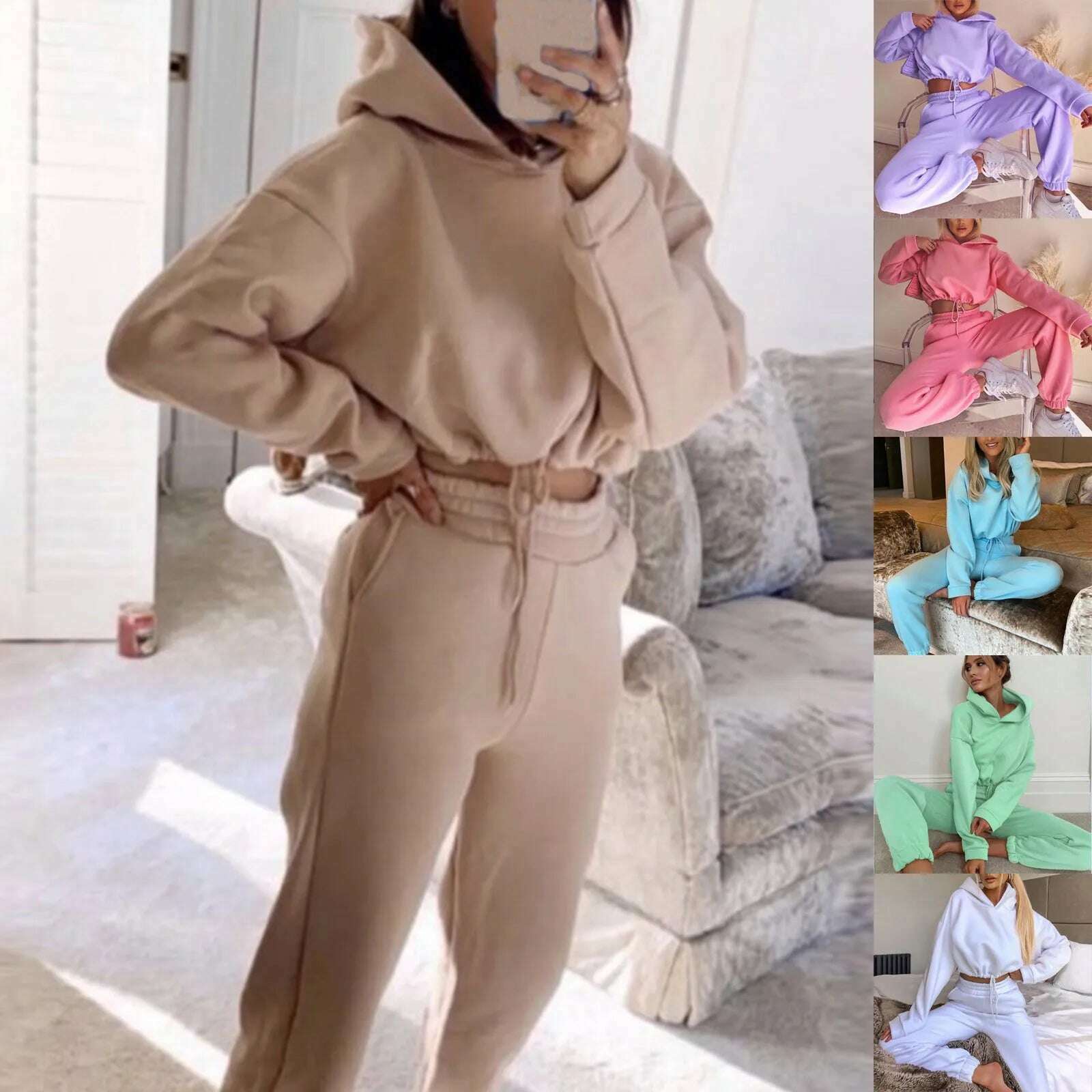 Casual Tracksuit Women Fleece 2 Pieces Set Solid Color Short Hooded Sportswear+high Waisted Sports Pants Set Female Outfits - KIMLUD