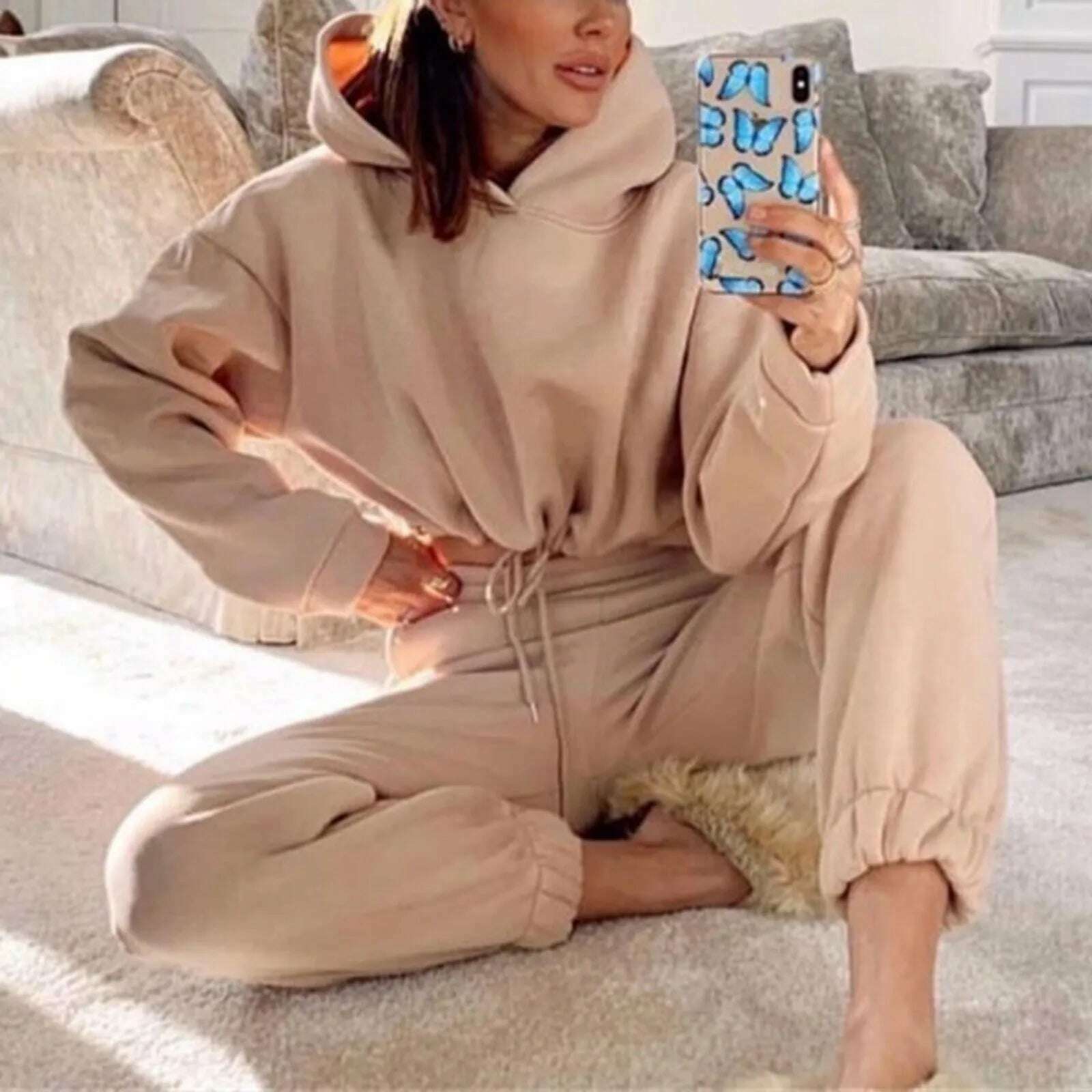 Casual Tracksuit Women Fleece 2 Pieces Set Solid Color Short Hooded Sportswear+high Waisted Sports Pants Set Female Outfits - KIMLUD