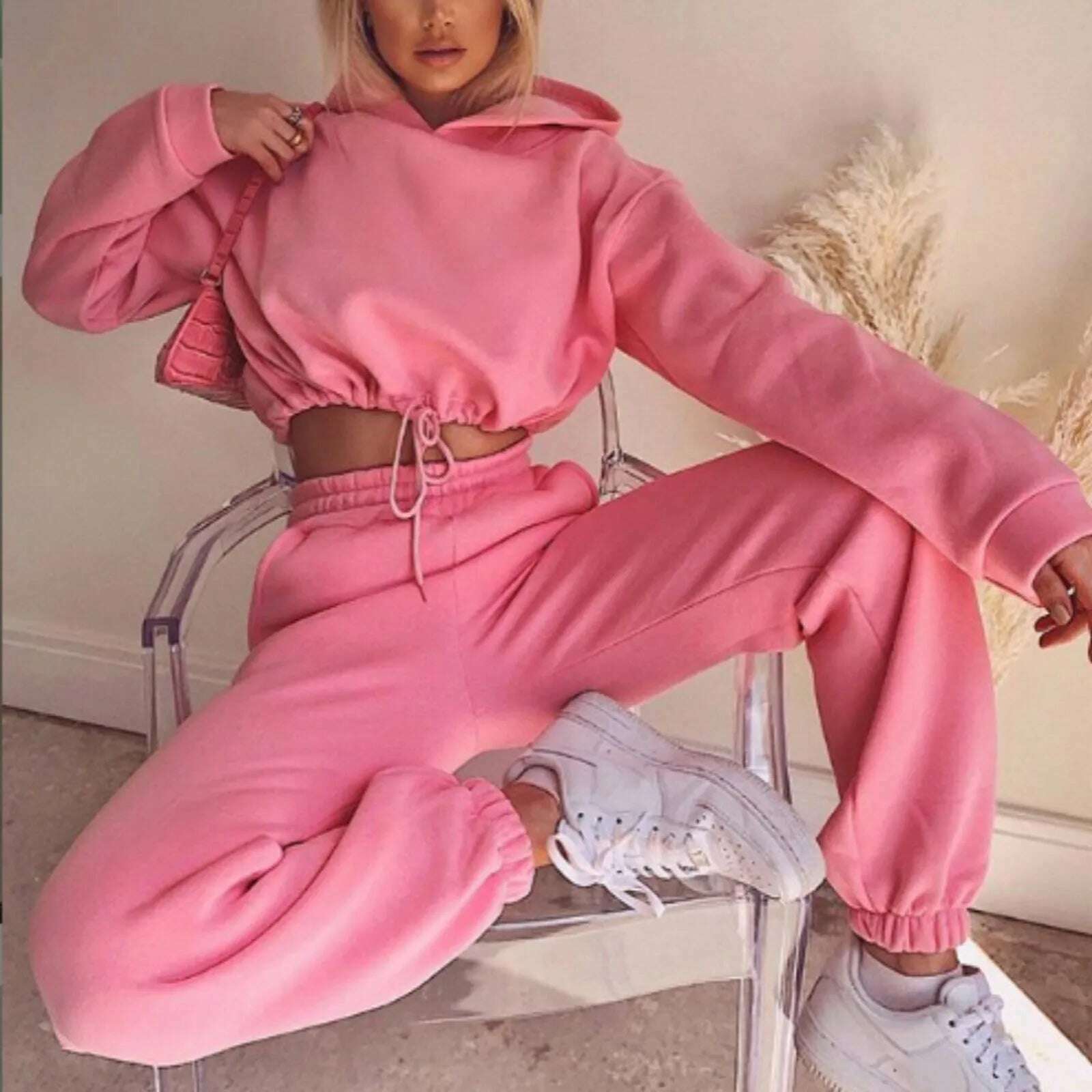 Casual Tracksuit Women Fleece 2 Pieces Set Solid Color Short Hooded Sportswear+high Waisted Sports Pants Set Female Outfits - KIMLUD
