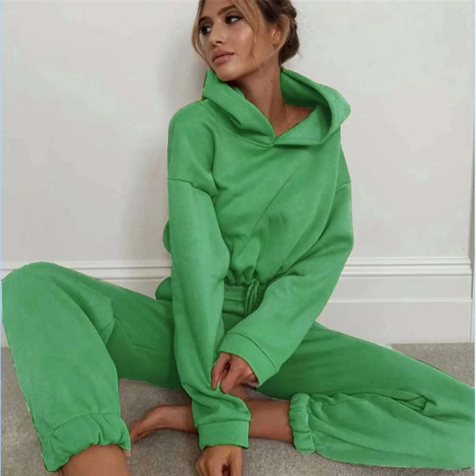 Casual Tracksuit Women Fleece 2 Pieces Set Solid Color Short Hooded Sportswear+high Waisted Sports Pants Set Female Outfits - KIMLUD