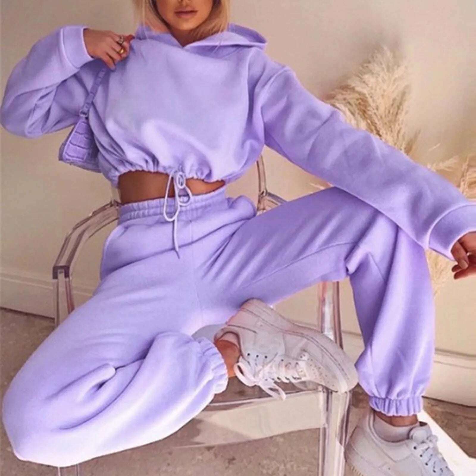 Casual Tracksuit Women Fleece 2 Pieces Set Solid Color Short Hooded Sportswear+high Waisted Sports Pants Set Female Outfits - KIMLUD