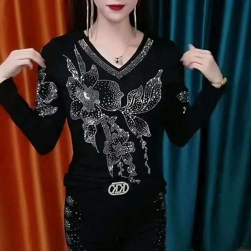 Casual V-Neck Slim Pullovers 2023 Spring Autumn Long Sleeve All-match Women's Clothing Vintage Stylish Floral Diamonds T-shirt - KIMLUD