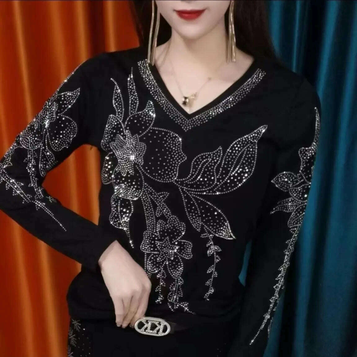 Casual V-Neck Slim Pullovers 2023 Spring Autumn Long Sleeve All-match Women's Clothing Vintage Stylish Floral Diamonds T-shirt - KIMLUD