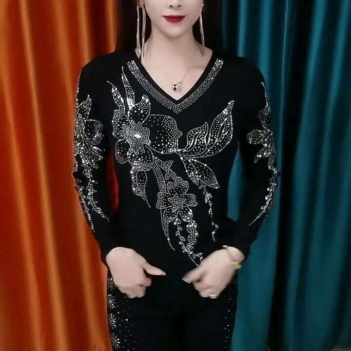 Casual V-Neck Slim Pullovers 2023 Spring Autumn Long Sleeve All-match Women's Clothing Vintage Stylish Floral Diamonds T-shirt - KIMLUD