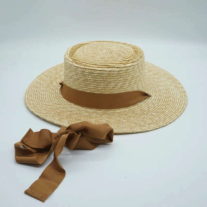 KIMLUD, Casual Women's Sun Hat Chin Strap Tie Summer Hats Outdoor Beach Hat Wide Brim Wheat Straw Hats Canotier Derby Holiday Travel Hat, KIMLUD Womens Clothes