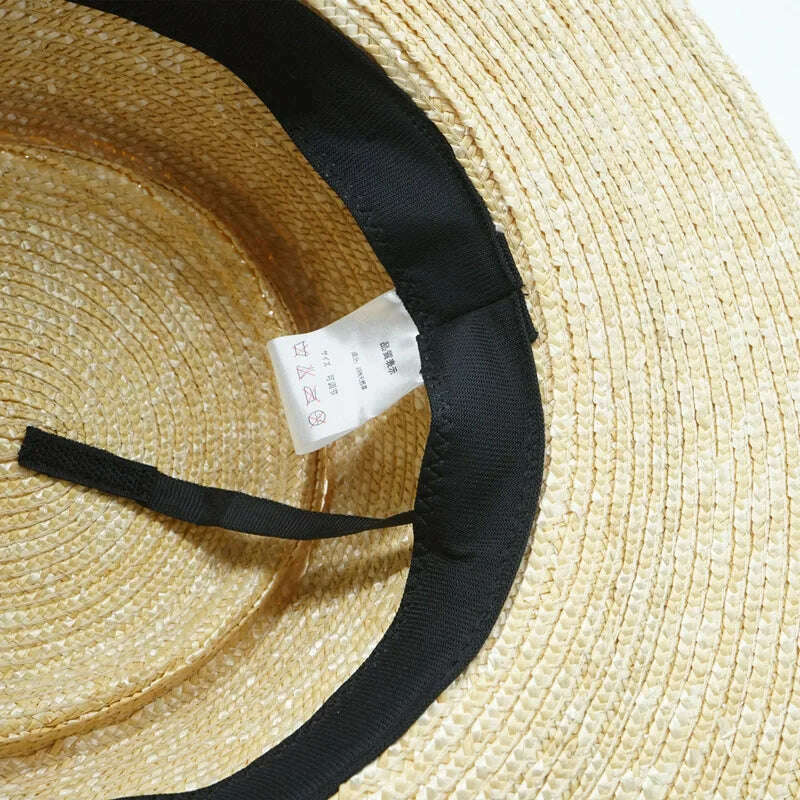 KIMLUD, Casual Women's Sun Hat Chin Strap Tie Summer Hats Outdoor Beach Hat Wide Brim Wheat Straw Hats Canotier Derby Holiday Travel Hat, KIMLUD Womens Clothes