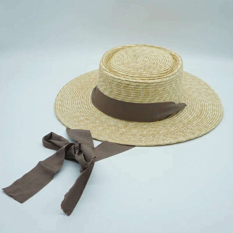 KIMLUD, Casual Women's Sun Hat Chin Strap Tie Summer Hats Outdoor Beach Hat Wide Brim Wheat Straw Hats Canotier Derby Holiday Travel Hat, KIMLUD Womens Clothes