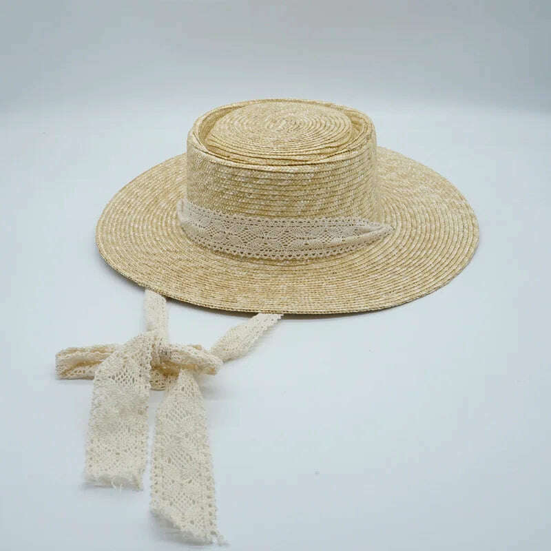 KIMLUD, Casual Women's Sun Hat Chin Strap Tie Summer Hats Outdoor Beach Hat Wide Brim Wheat Straw Hats Canotier Derby Holiday Travel Hat, Lace, KIMLUD Womens Clothes
