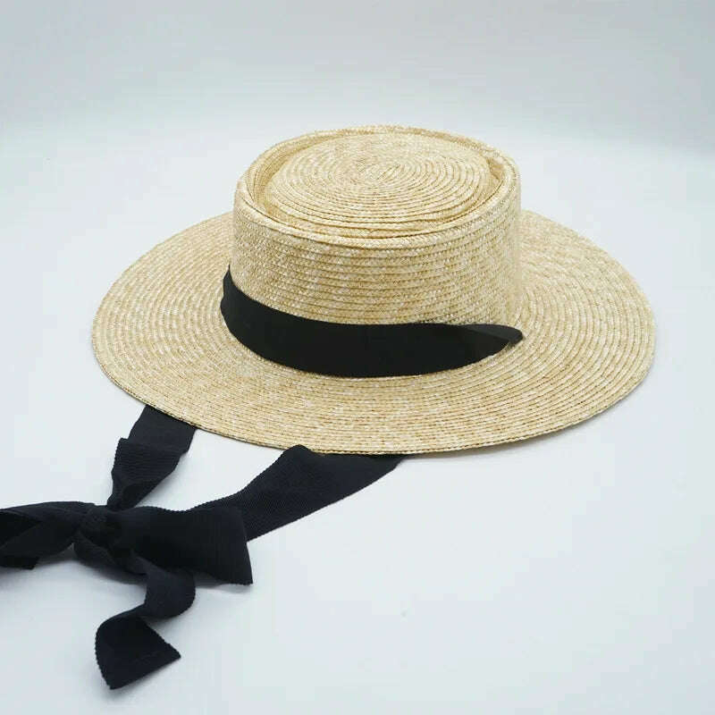 KIMLUD, Casual Women's Sun Hat Chin Strap Tie Summer Hats Outdoor Beach Hat Wide Brim Wheat Straw Hats Canotier Derby Holiday Travel Hat, Black, KIMLUD Womens Clothes
