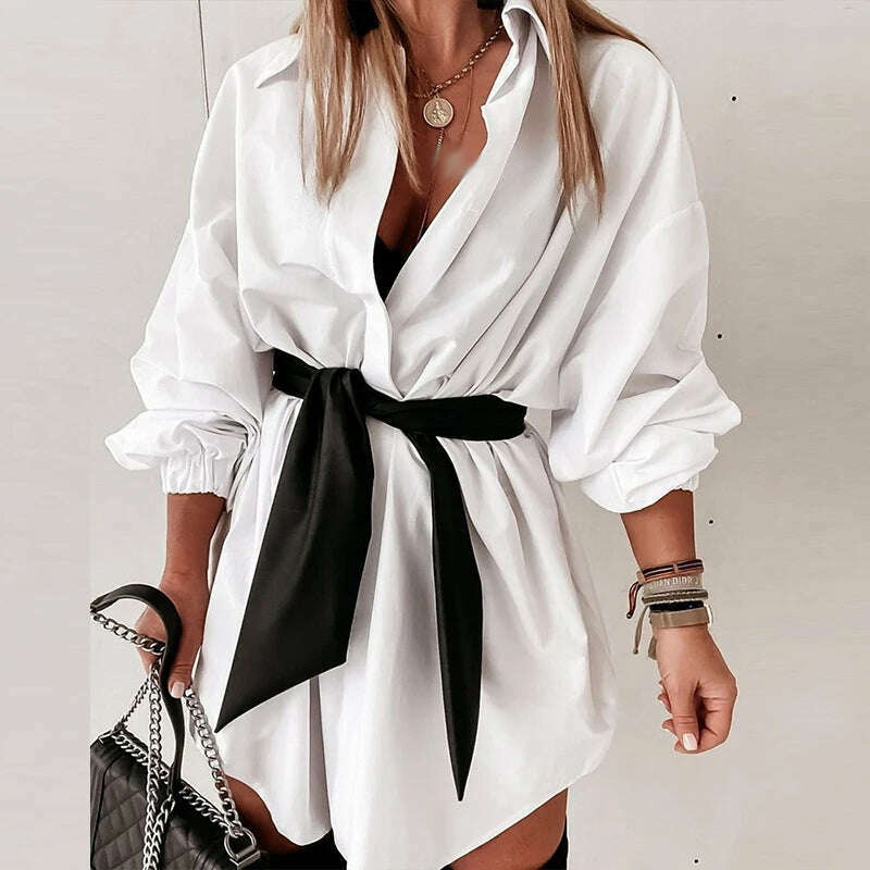 KIMLUD, Casual Women's Turn-down Collar Button Short Dress Elegant Office Lady Long Sleeve Loose Dress Spring Autumn Bandage Shirt Dress, KIMLUD Womens Clothes