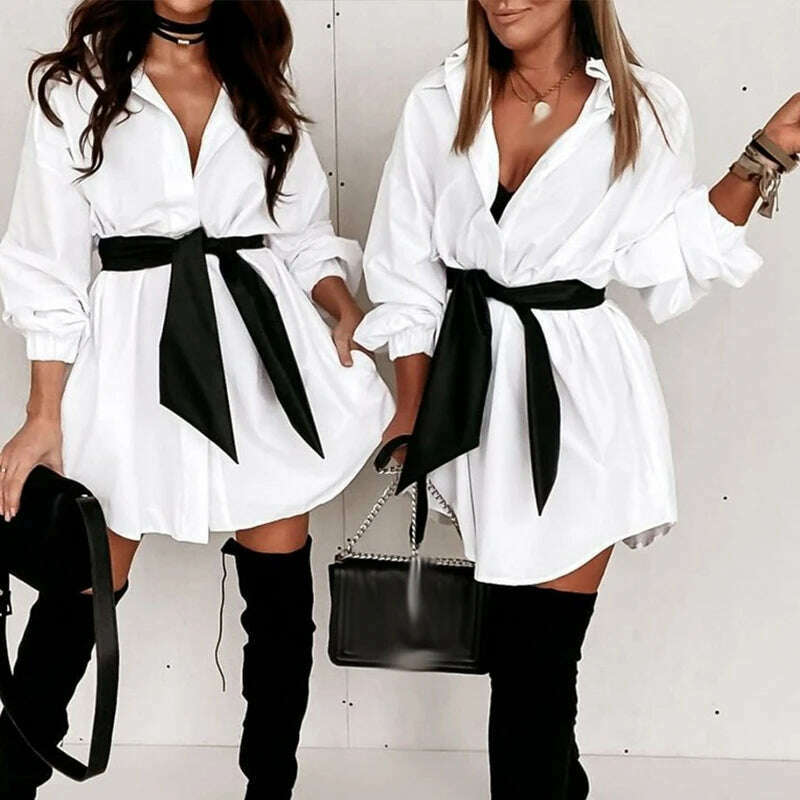 KIMLUD, Casual Women's Turn-down Collar Button Short Dress Elegant Office Lady Long Sleeve Loose Dress Spring Autumn Bandage Shirt Dress, KIMLUD Womens Clothes
