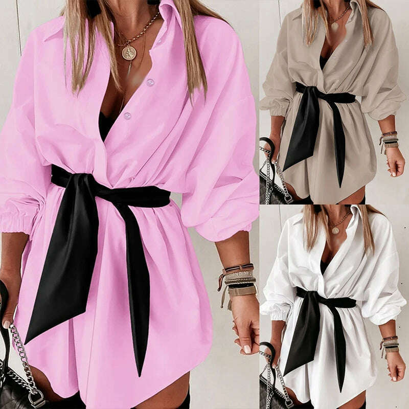 KIMLUD, Casual Women's Turn-down Collar Button Short Dress Elegant Office Lady Long Sleeve Loose Dress Spring Autumn Bandage Shirt Dress, KIMLUD Womens Clothes