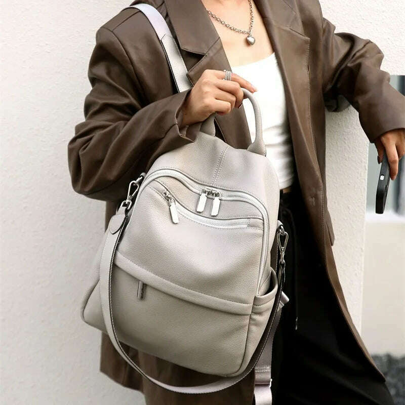 KIMLUD, Causal Genuine Leather Backpack Women Double Shoulder First Layer Cow Leather Travel Bags Real Cowhide Ladies Leather Backpack, grey backpack, KIMLUD Womens Clothes