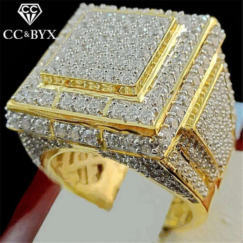 KIMLUD, CC Rings For Men Luxury Fashion Jewelry 24K Gold Plated Ring Cubic Zirconia Bridegroom Wedding Engagement Party Gift CC2104, 7, KIMLUD Women's Clothes