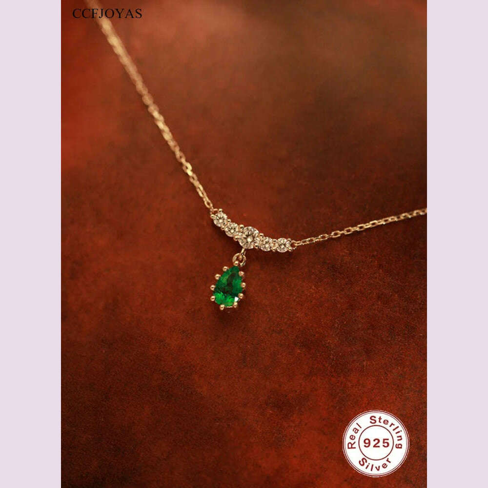 KIMLUD, CCFJOYAS 925 Sterling Silver Emerald Water Drop shaped Pendant Necklace for Women Retro Light Luxury Clavicle Chain Best Gift, silver / 45cm, KIMLUD APPAREL - Womens Clothes