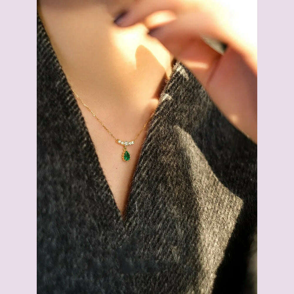 KIMLUD, CCFJOYAS 925 Sterling Silver Emerald Water Drop shaped Pendant Necklace for Women Retro Light Luxury Clavicle Chain Best Gift, KIMLUD Womens Clothes