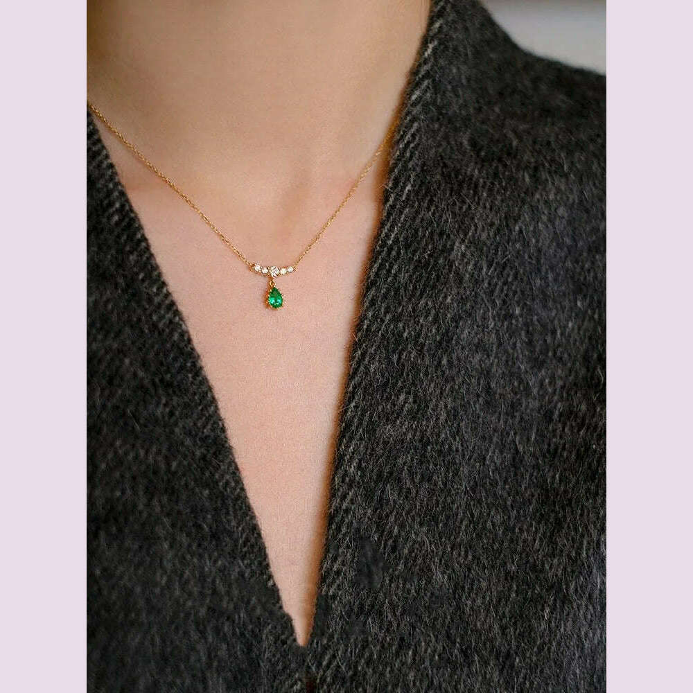 KIMLUD, CCFJOYAS 925 Sterling Silver Emerald Water Drop shaped Pendant Necklace for Women Retro Light Luxury Clavicle Chain Best Gift, KIMLUD Womens Clothes