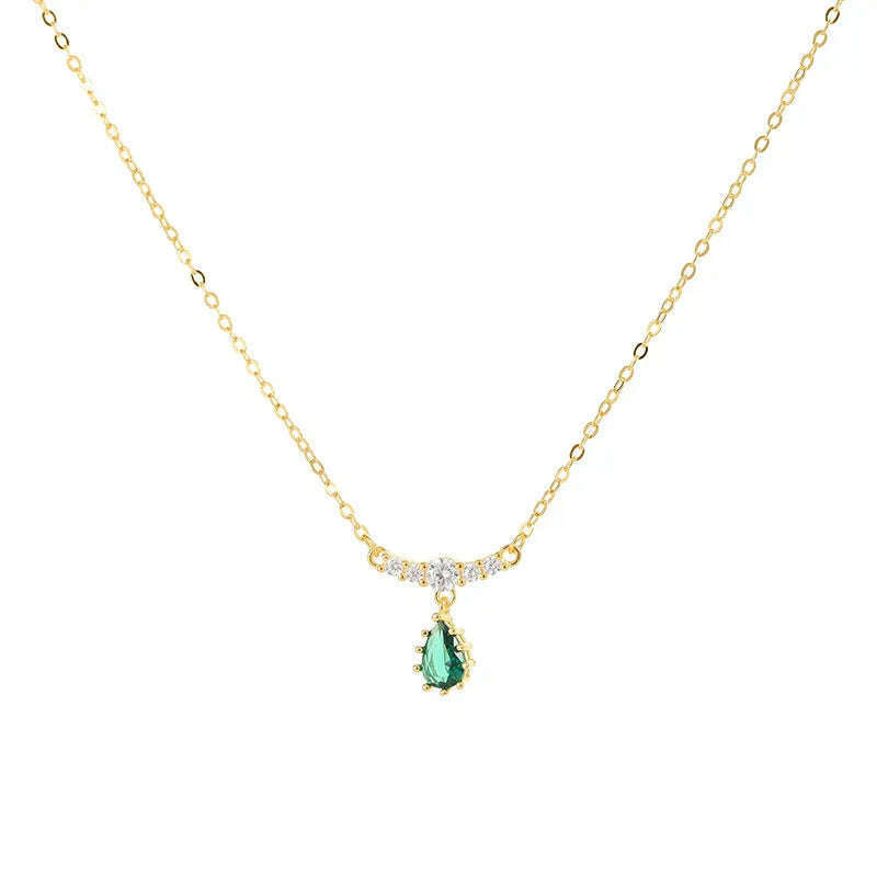 KIMLUD, CCFJOYAS 925 Sterling Silver Emerald Water Drop shaped Pendant Necklace for Women Retro Light Luxury Clavicle Chain Best Gift, KIMLUD Womens Clothes
