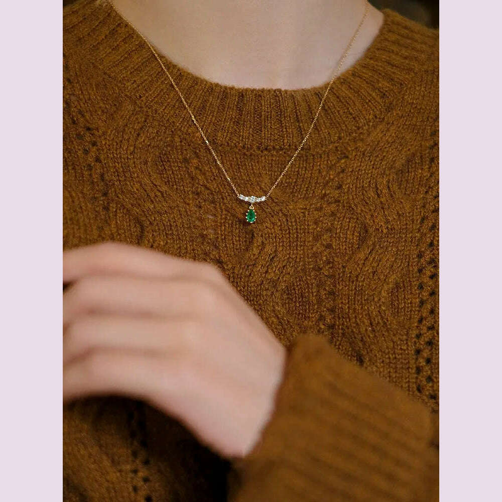KIMLUD, CCFJOYAS 925 Sterling Silver Emerald Water Drop shaped Pendant Necklace for Women Retro Light Luxury Clavicle Chain Best Gift, KIMLUD Womens Clothes
