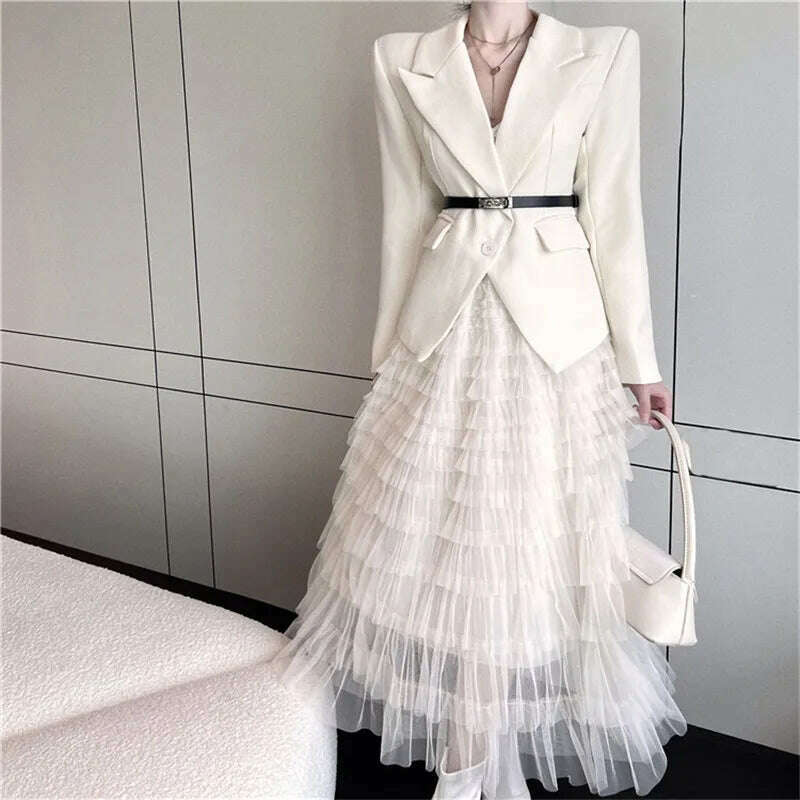 KIMLUD, Celebrity Fashion 2 Pieces Suits Elegant Lady Slim Belted Blazer&Ruffles Mesh Cake Skirt Sets Workwear OL 2pc Matching Suits, KIMLUD Womens Clothes