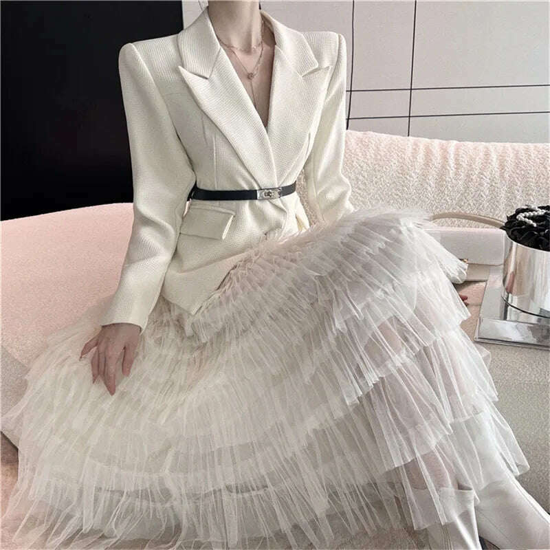 KIMLUD, Celebrity Fashion 2 Pieces Suits Elegant Lady Slim Belted Blazer&Ruffles Mesh Cake Skirt Sets Workwear OL 2pc Matching Suits, KIMLUD Womens Clothes