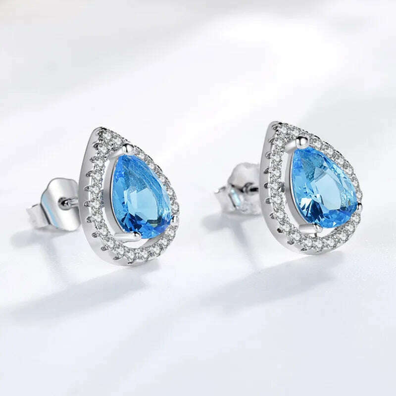 KIMLUD, CellaCity 925 Silver Ear Studs For Women Water Drop Shaped Earrings Blue Zircon Female Seaside Wedding Jewelry Tears Of Angels, KIMLUD Womens Clothes