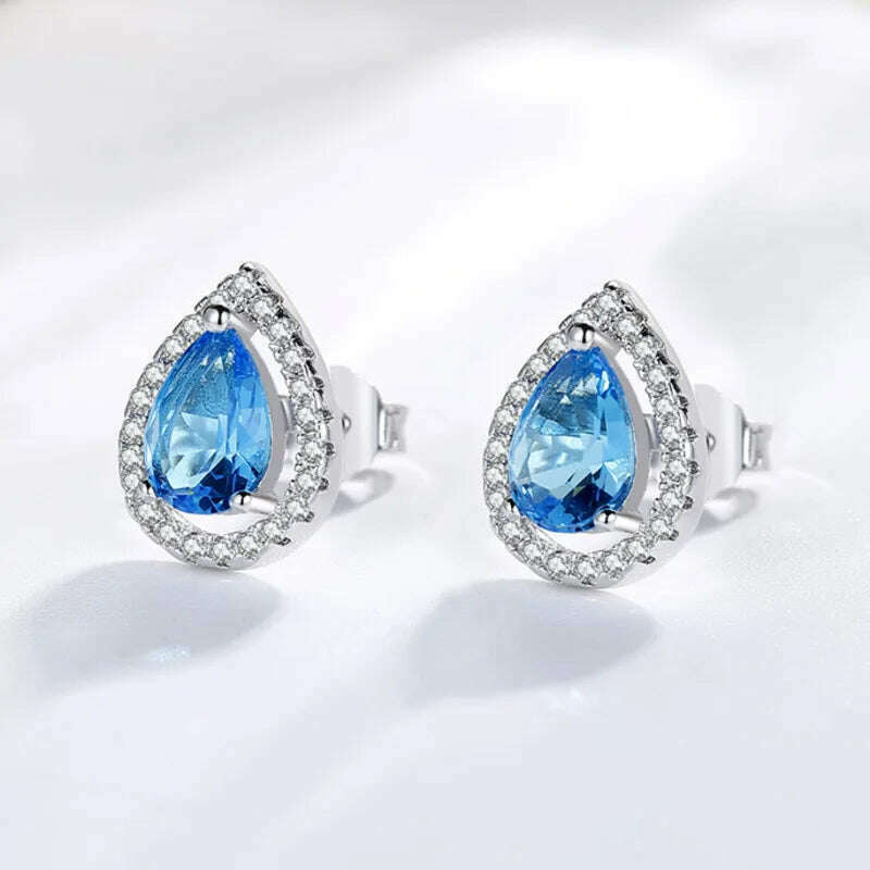 KIMLUD, CellaCity 925 Silver Ear Studs For Women Water Drop Shaped Earrings Blue Zircon Female Seaside Wedding Jewelry Tears Of Angels, KIMLUD Womens Clothes