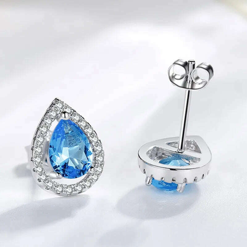KIMLUD, CellaCity 925 Silver Ear Studs For Women Water Drop Shaped Earrings Blue Zircon Female Seaside Wedding Jewelry Tears Of Angels, KIMLUD Womens Clothes