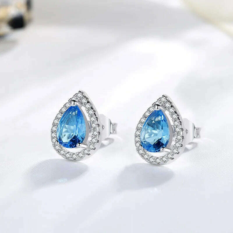 KIMLUD, CellaCity 925 Silver Ear Studs For Women Water Drop Shaped Earrings Blue Zircon Female Seaside Wedding Jewelry Tears Of Angels, Blue, KIMLUD Womens Clothes