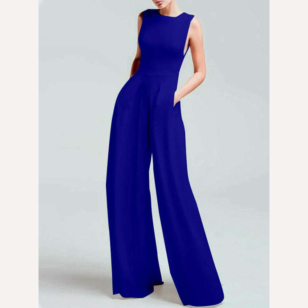 KIMLUD, Celmia Summer Slim Elegant Jumpsuits Women 2023 Fashion Pockets Pleated Wide Leg Pants Overalls Casual Sleeveless Long Rompers, Royal / S / China, KIMLUD Women's Clothes