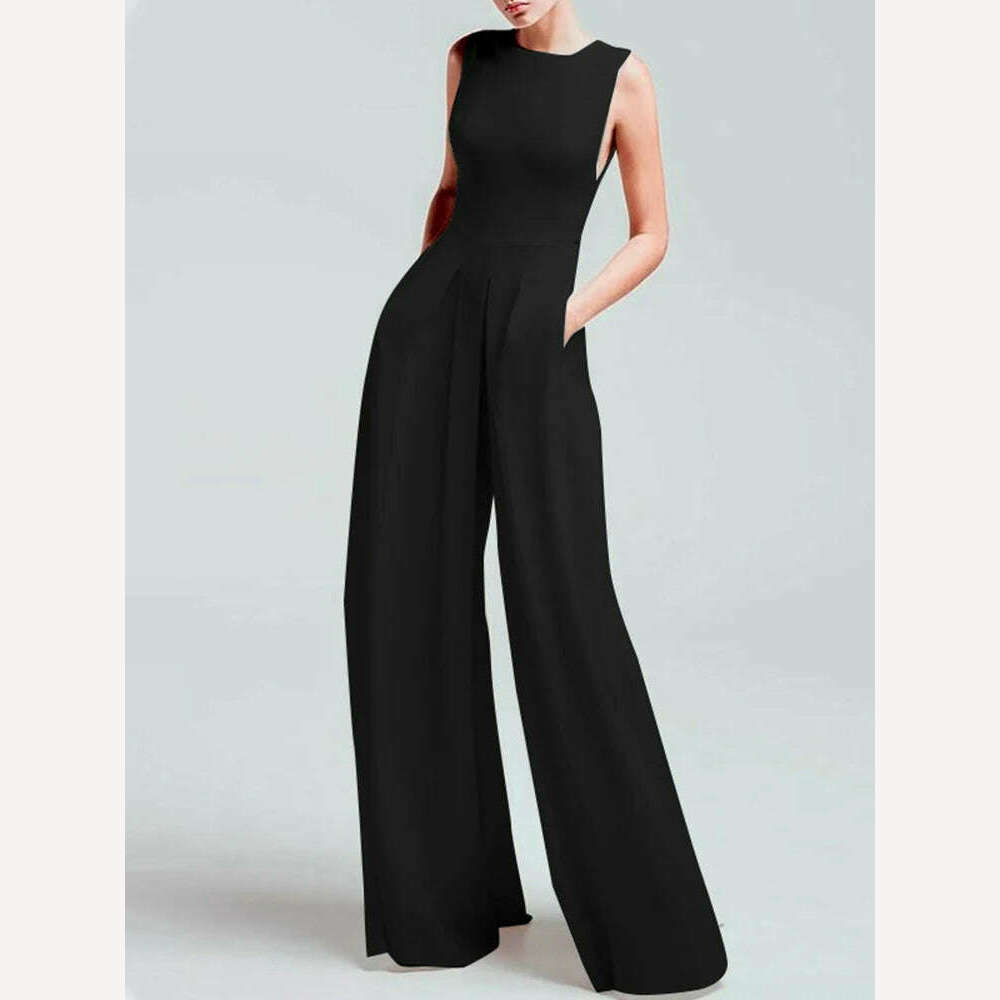 KIMLUD, Celmia Summer Slim Elegant Jumpsuits Women 2023 Fashion Pockets Pleated Wide Leg Pants Overalls Casual Sleeveless Long Rompers, Black / S / China, KIMLUD Women's Clothes