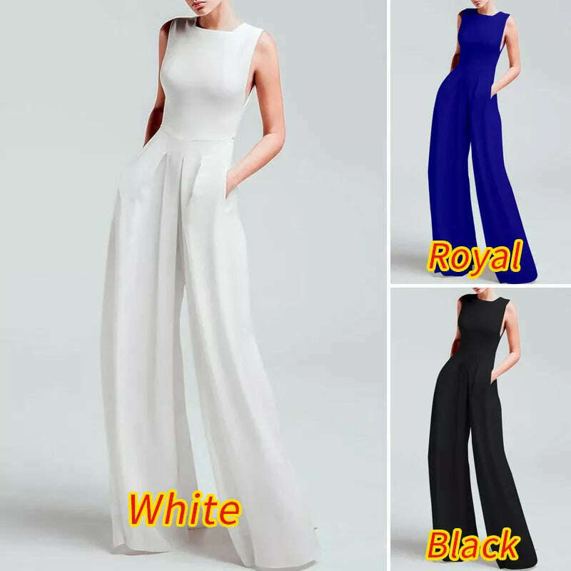 KIMLUD, Celmia Summer Slim Elegant Jumpsuits Women 2023 Fashion Pockets Pleated Wide Leg Pants Overalls Casual Sleeveless Long Rompers, KIMLUD Women's Clothes