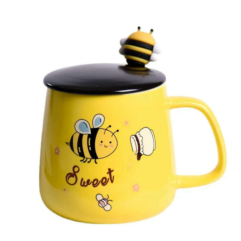 KIMLUD, Ceramic Cartoon Bee Mug With Spoon Lid Ceramic Coffee Cups Free Shipping Original Breakfast Cups Christmas Gift Coffee Cup Sets, KIMLUD Womens Clothes
