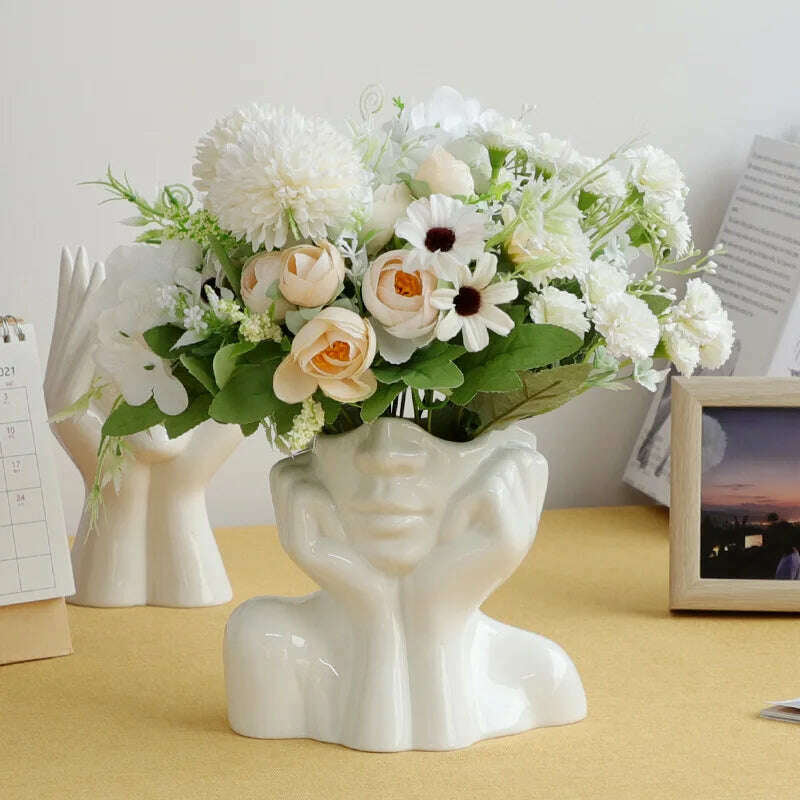 Ceramic Face Vase Head Body Human Shaped Flower Pot Photography Props for Indoor Outdoor Table Home Wedding Centerpiece Decor - KIMLUD