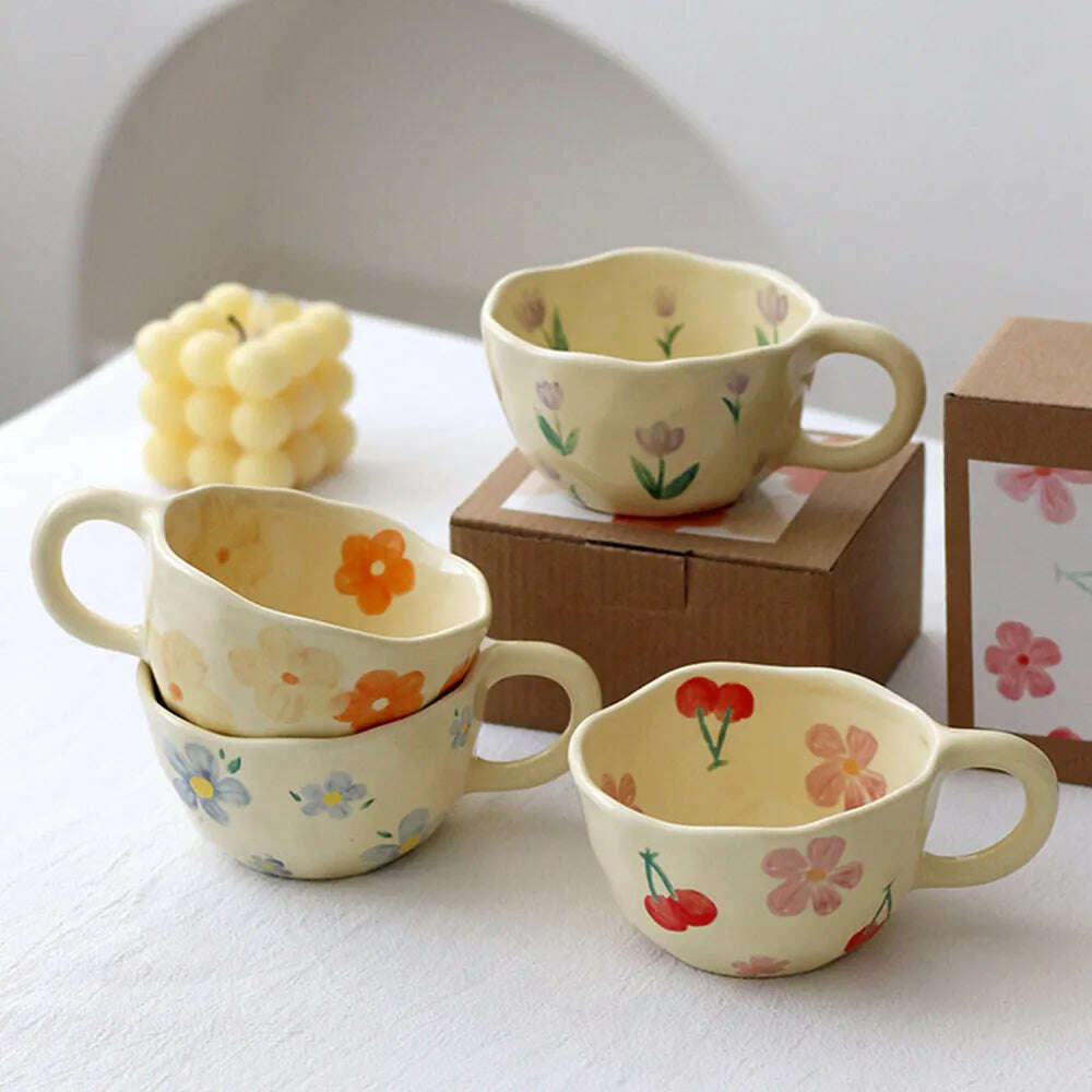 Ceramic Mugs Coffee Cups Hand Pinched Irregular Flower Milk Tea Cup Ins Korean Style Oatmeal Breakfast Mug Drinkware Kitchen - KIMLUD