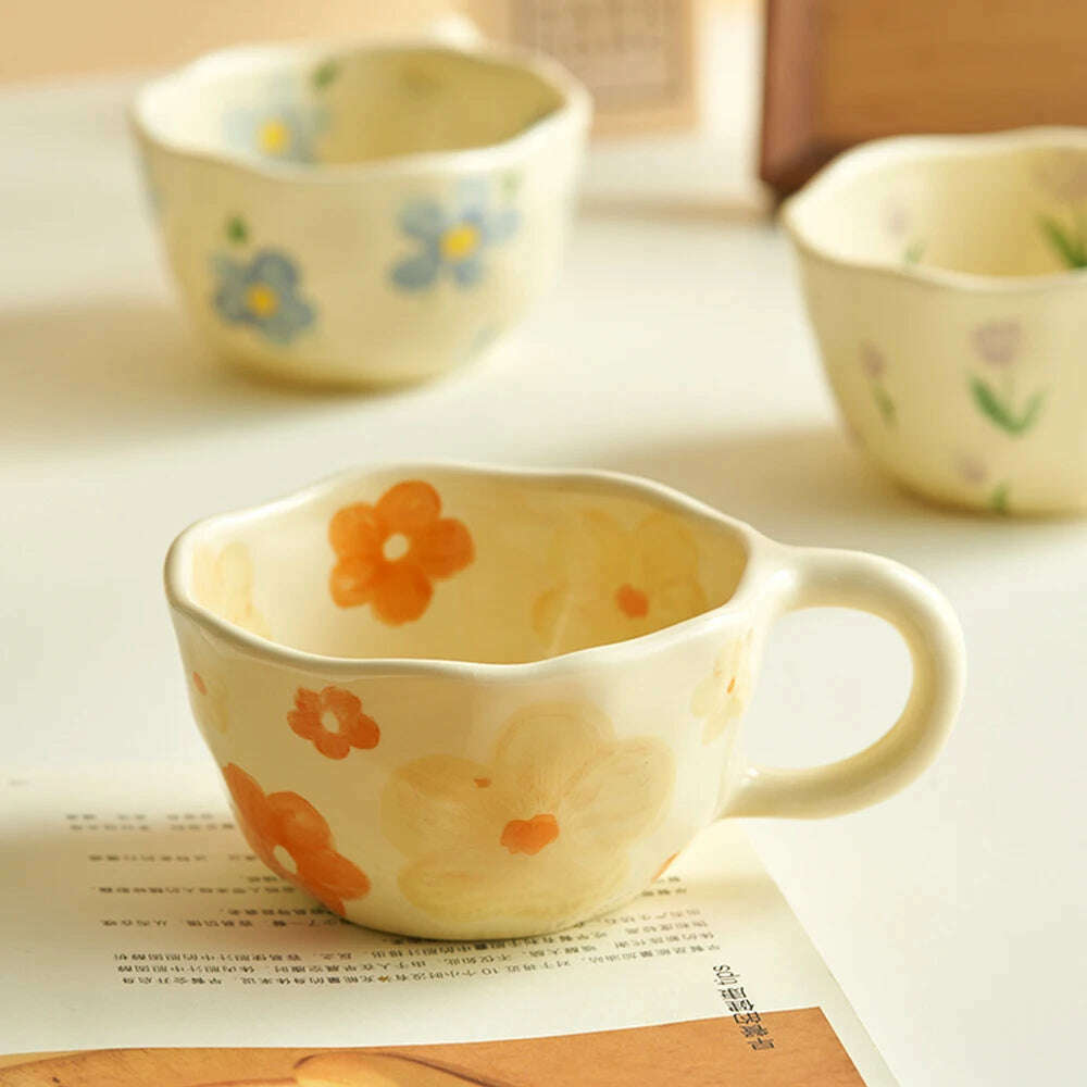 Ceramic Mugs Coffee Cups Hand Pinched Irregular Flower Milk Tea Cup Ins Korean Style Oatmeal Breakfast Mug Drinkware Kitchen - KIMLUD