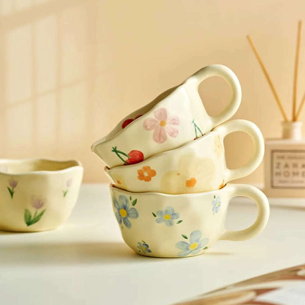 Ceramic Mugs Coffee Cups Hand Pinched Irregular Flower Milk Tea Cup Ins Korean Style Oatmeal Breakfast Mug Drinkware Kitchen - KIMLUD