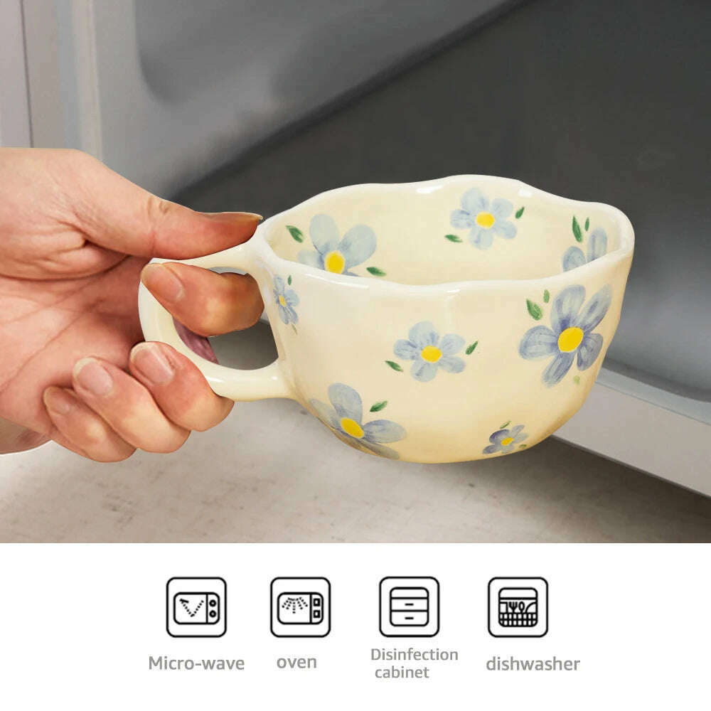 Ceramic Mugs Coffee Cups Hand Pinched Irregular Flower Milk Tea Cup Ins Korean Style Oatmeal Breakfast Mug Drinkware Kitchen - KIMLUD