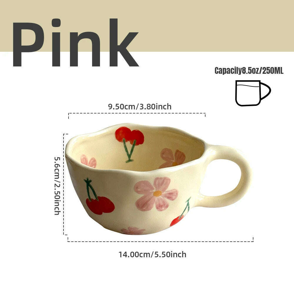 KIMLUD, Ceramic Mugs Coffee Cups Hand Pinched Irregular Flower Milk Tea Cup Ins Korean Style Oatmeal Breakfast Mug Drinkware Kitchen, Pink cherry / 201-300ml, KIMLUD Womens Clothes