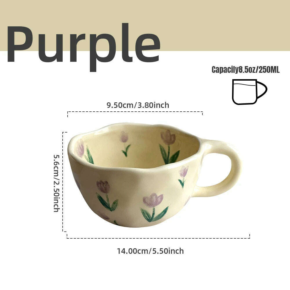 KIMLUD, Ceramic Mugs Coffee Cups Hand Pinched Irregular Flower Milk Tea Cup Ins Korean Style Oatmeal Breakfast Mug Drinkware Kitchen, Purple tulip / 201-300ml, KIMLUD Womens Clothes