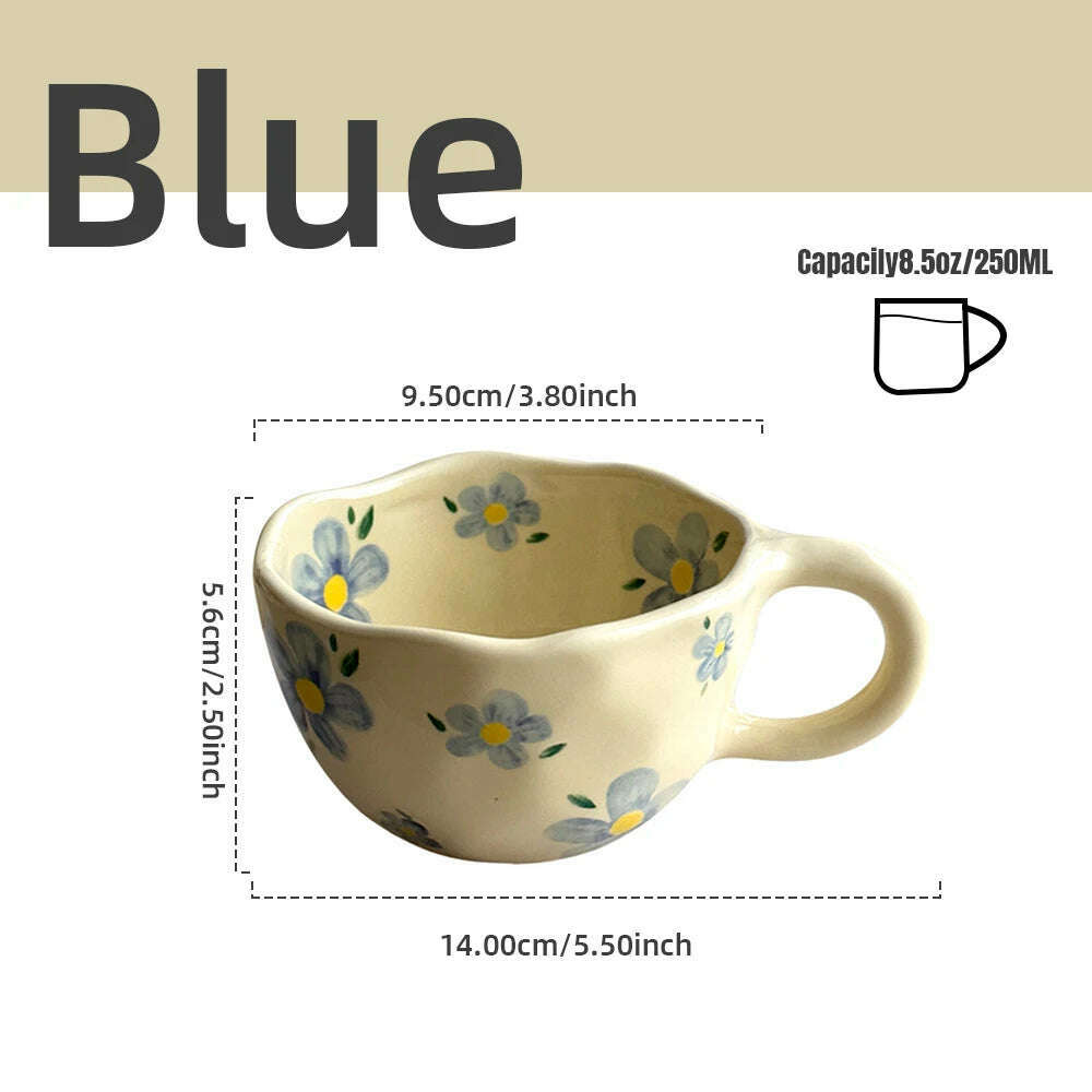 KIMLUD, Ceramic Mugs Coffee Cups Hand Pinched Irregular Flower Milk Tea Cup Ins Korean Style Oatmeal Breakfast Mug Drinkware Kitchen, Blue flower / 201-300ml, KIMLUD Womens Clothes