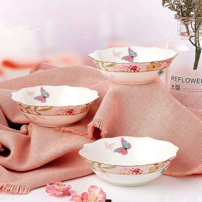 KIMLUD, Ceramic Plate Set Glazes Party Flora Tableware Set Porcelain Breakfast Dessert Plates Dishes Noodle Bowl Coffee Cup Home Decor, KIMLUD Womens Clothes