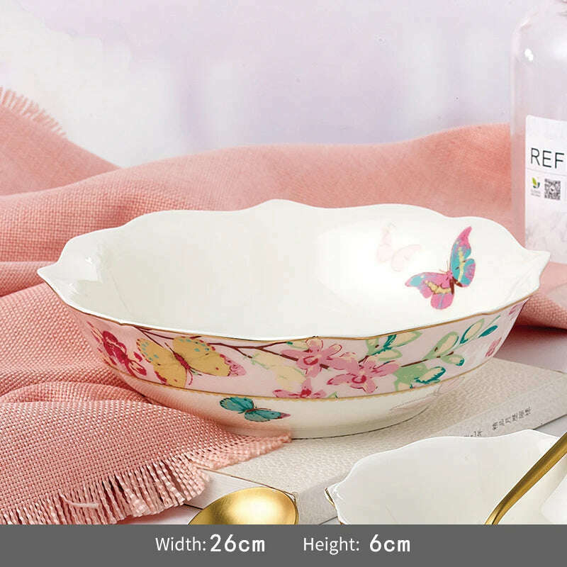 KIMLUD, Ceramic Plate Set Glazes Party Flora Tableware Set Porcelain Breakfast Dessert Plates Dishes Noodle Bowl Coffee Cup Home Decor, 9 inch bowl, KIMLUD Womens Clothes