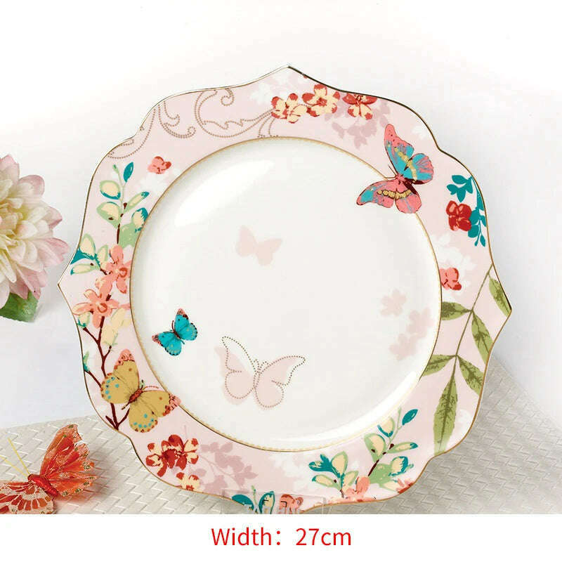 KIMLUD, Ceramic Plate Set Glazes Party Flora Tableware Set Porcelain Breakfast Dessert Plates Dishes Noodle Bowl Coffee Cup Home Decor, pink 11 inch plate, KIMLUD Womens Clothes