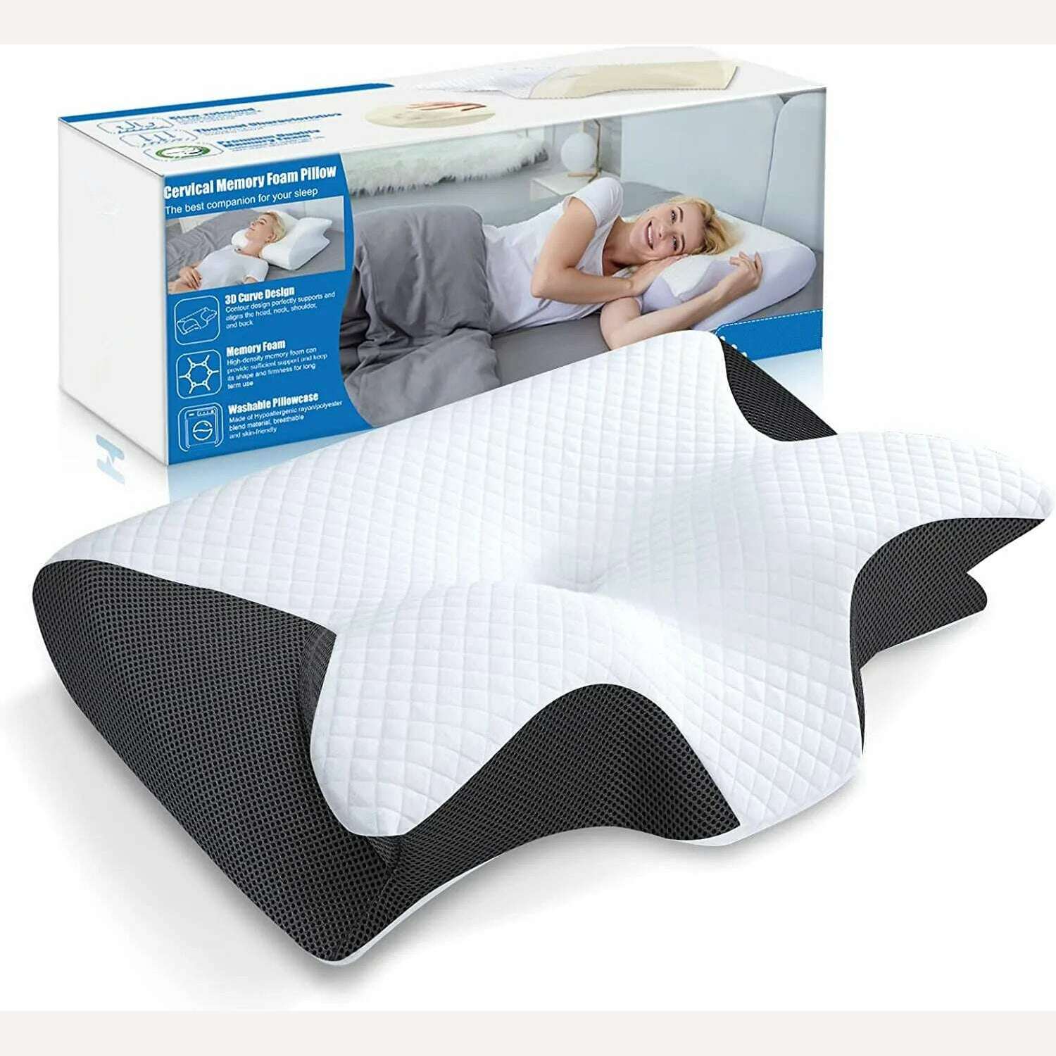 KIMLUD, Cervical Memory Foam Pillow Contour Pillow for Neck and Shoulder Pain Orthopedic Sleep Neck Contour Pillow for Side Sleeping, black / No box, KIMLUD Women's Clothes