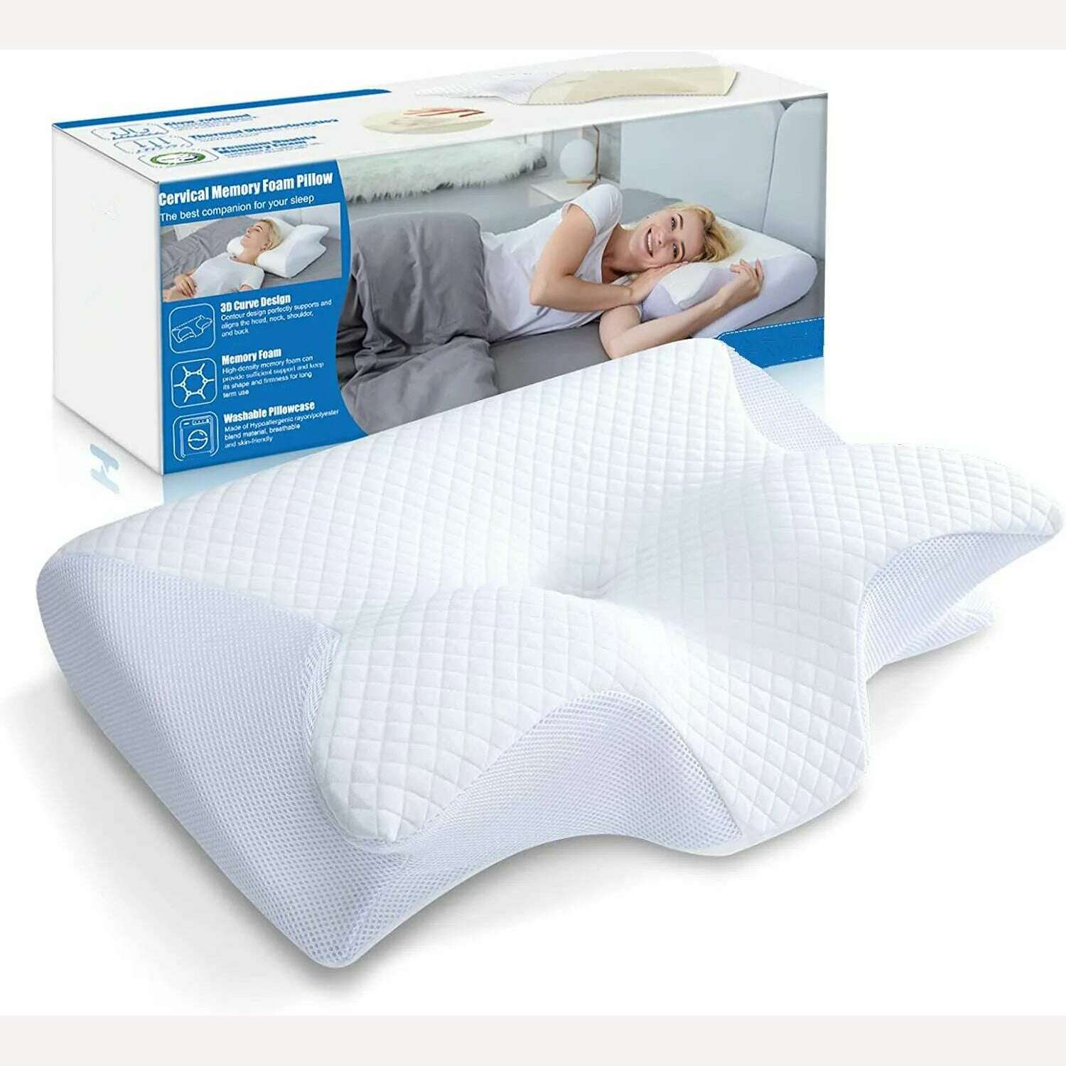 KIMLUD, Cervical Memory Foam Pillow Contour Pillow for Neck and Shoulder Pain Orthopedic Sleep Neck Contour Pillow for Side Sleeping, WHITE / No box, KIMLUD Women's Clothes