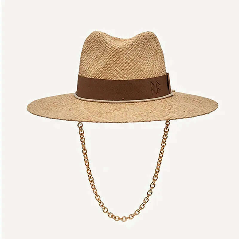 KIMLUD, Chain Strap Straw Fedora Hat  Embellished Beach Hats with Chain For Women Straw Woven Sun Hats Summer Holidaty Panama Hat, KIMLUD Womens Clothes