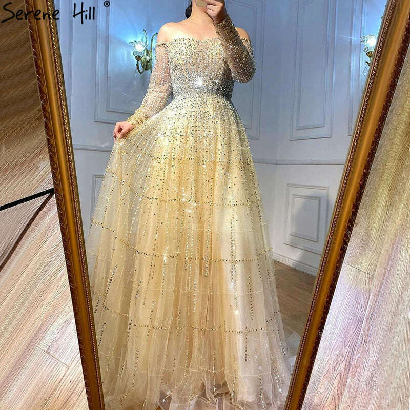KIMLUD, Champagne Off Shoulder Long Sleeve Evening Dresses 2023  A-Line Beading Party Gowns Serene Hill BLA70292, KIMLUD Women's Clothes