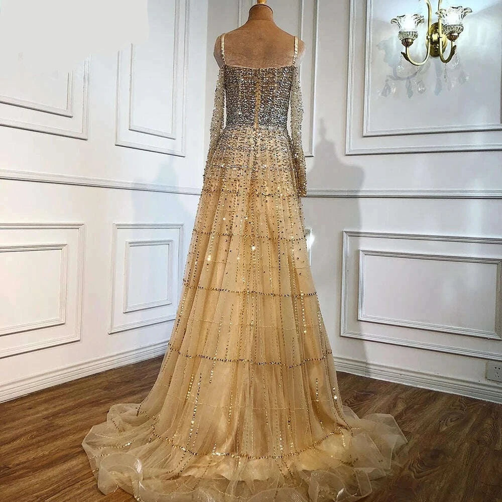 KIMLUD, Champagne Off Shoulder Long Sleeve Evening Dresses 2023  A-Line Beading Party Gowns Serene Hill BLA70292, KIMLUD Womens Clothes