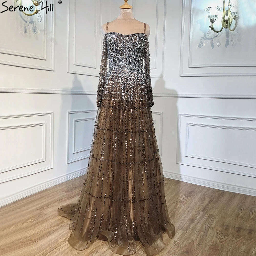 KIMLUD, Champagne Off Shoulder Long Sleeve Evening Dresses 2023  A-Line Beading Party Gowns Serene Hill BLA70292, brown / 12, KIMLUD Women's Clothes